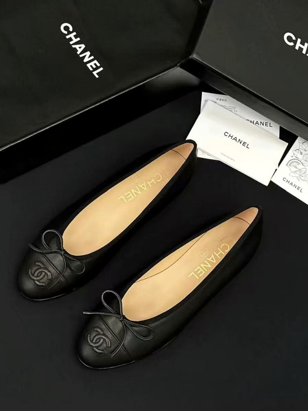 Chanel Black Leather Bow CC Logo Classic Ballet Flat Shoes